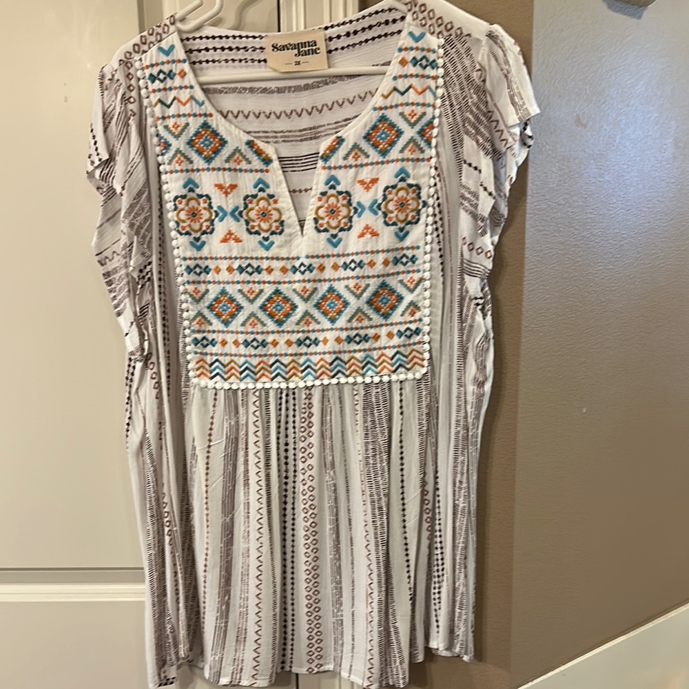 White Embroidered Boho Women's Top - Teal & Orange Accents